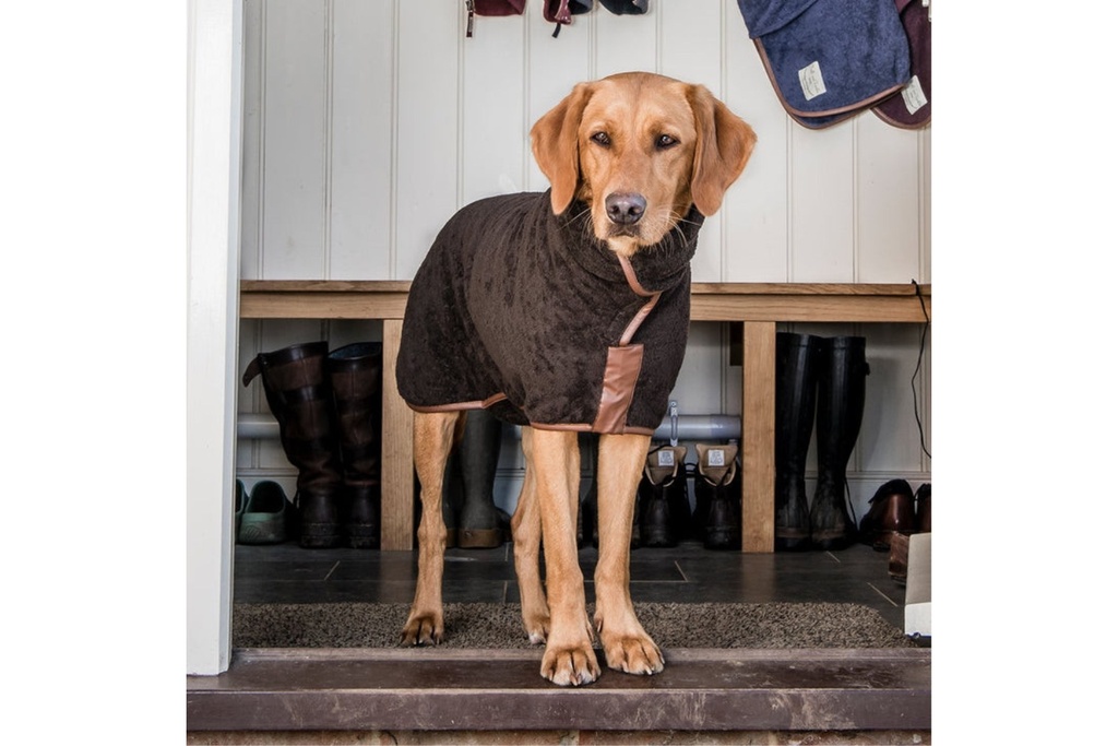 Ruff and Tumble Country Dog Drying Coat With Faux Leather Trim - Mud Medium