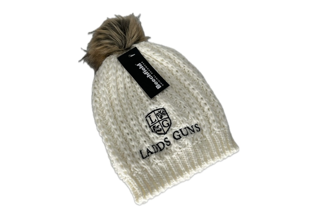 Ladds Guns Adult Oval Knit Beanie With Pom Pom - White